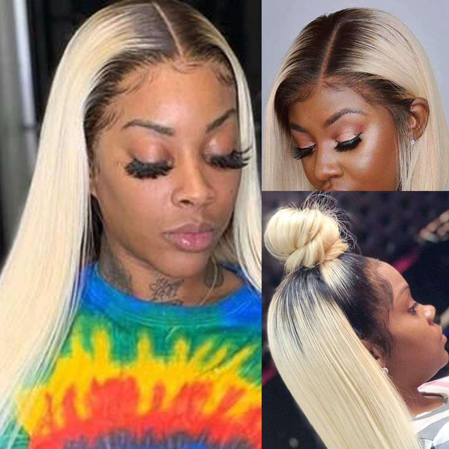 Price:$84.99     1B/613 Blonde Human Hair Wigs Lace Front Ombre Remy Virgin Hair Lace Frontal Wigs for Black Women Silky Straight Color 4x4 Lace Closure Wig with Baby Hair Glueless Free Part 150% Density Full Ends 14"   Beauty