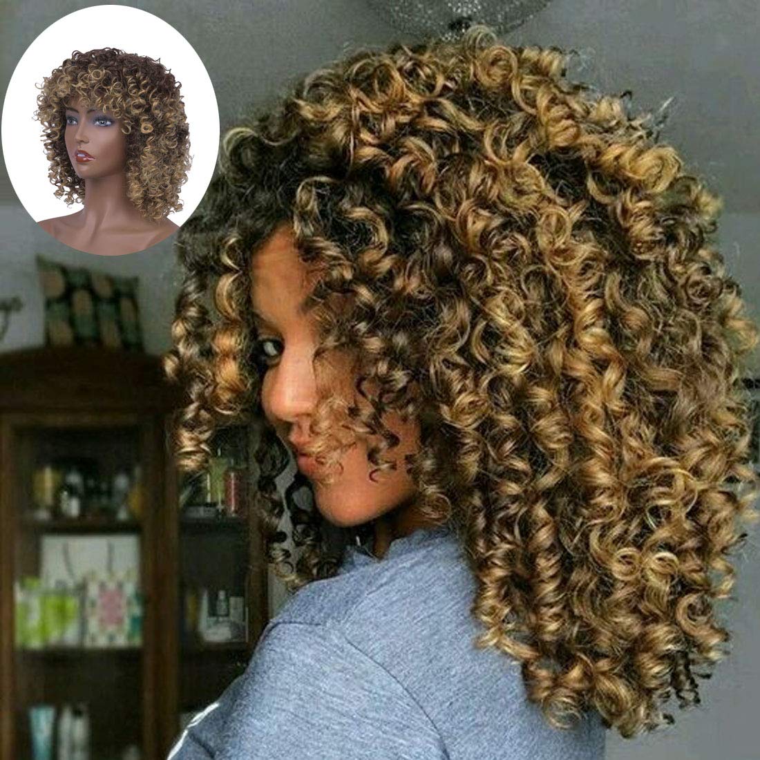 Price:$19.76     KimKSlay Short Curly Wigs for Black Women Afro Wig with Bangs Mixed Blonde Wig Synthetic Heat Resistant Kinky Curly Wig Shoulder Length (Mixed Blonde)   Beauty