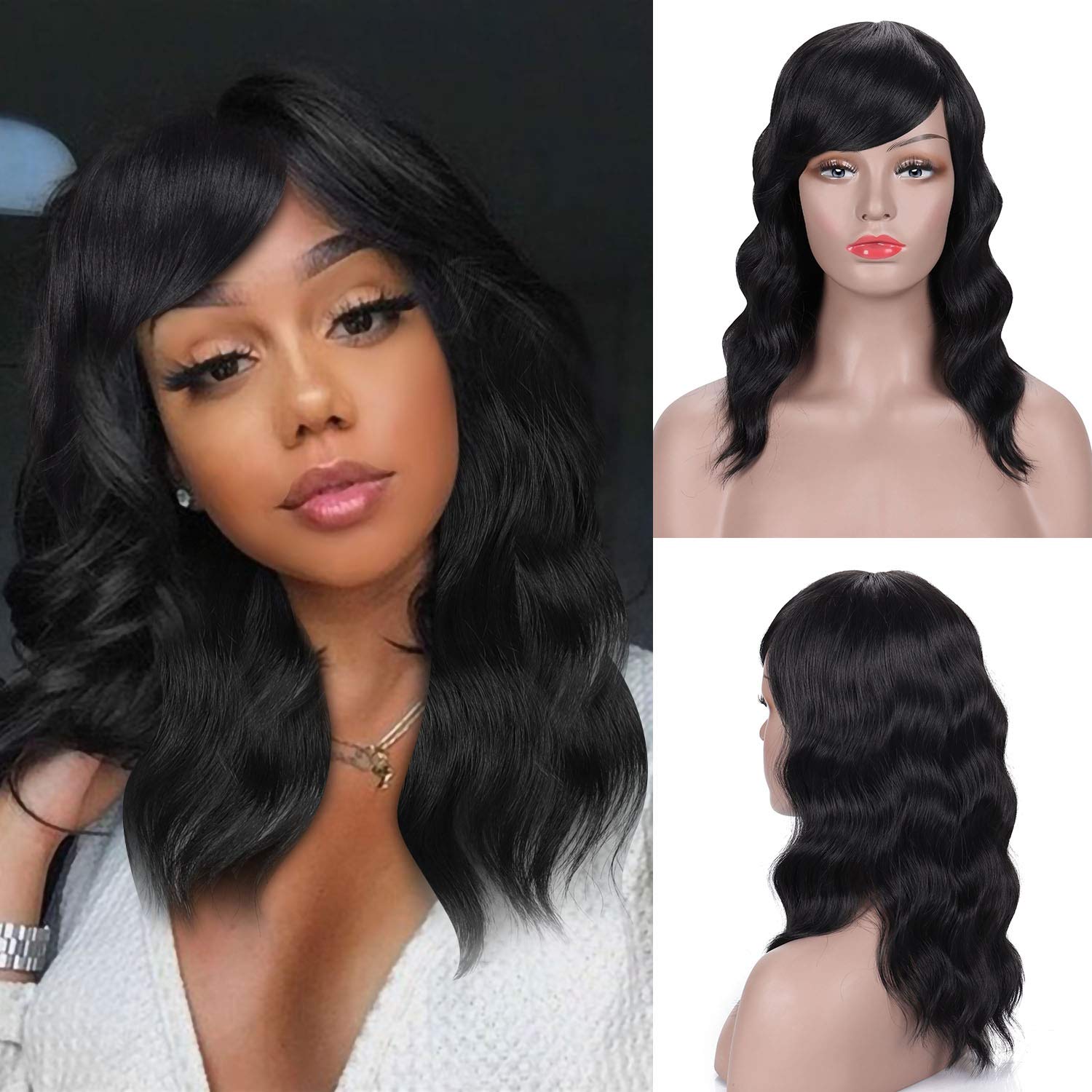Price:$15.88     Eerya Fashion Wigs with Air Bangs 14 Inch Short Curly Hair Womens Wigs Charming Natural Wavy Synthetic Hair Wigs, Soft Smooth Elastic Straps Comfortable & Adjustable (14 Inch, 1B# Natural Black)   Beauty