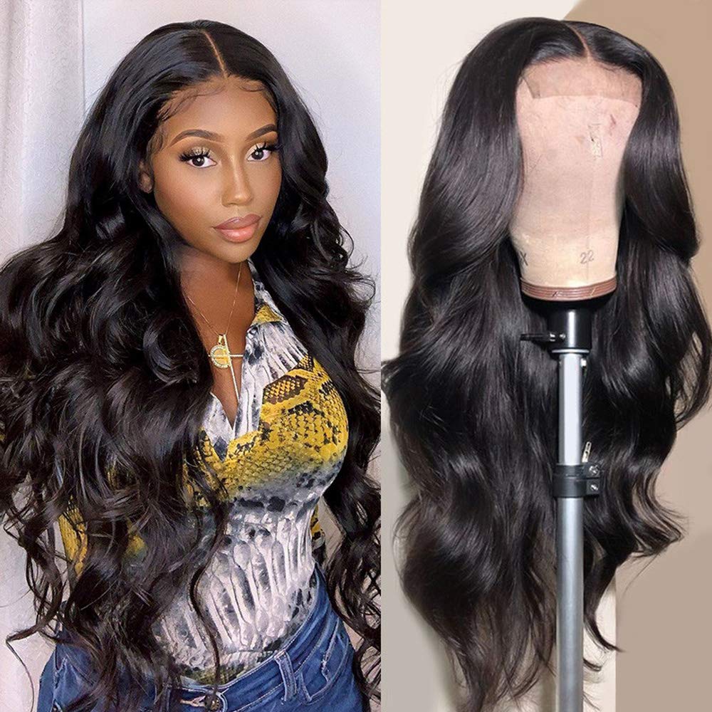 Price:$59.99     Fle Hair 4X4 Lace Front Wigs Brazilian Body Wave Human Hair Wigs for Black Women 150% Density Pre Plucked with Baby Hair Natural Black (14 inch)   Beauty