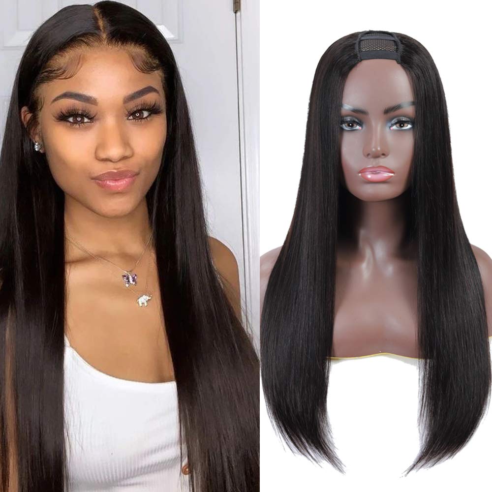 Price:$57.99     U Part Wig Human Hair Wigs for Black Women Straight Human Hair Wigs 100% Brazilian Glueless Full Head U-part Hair Extension Clip in Half Wig (14 inch)   Beauty