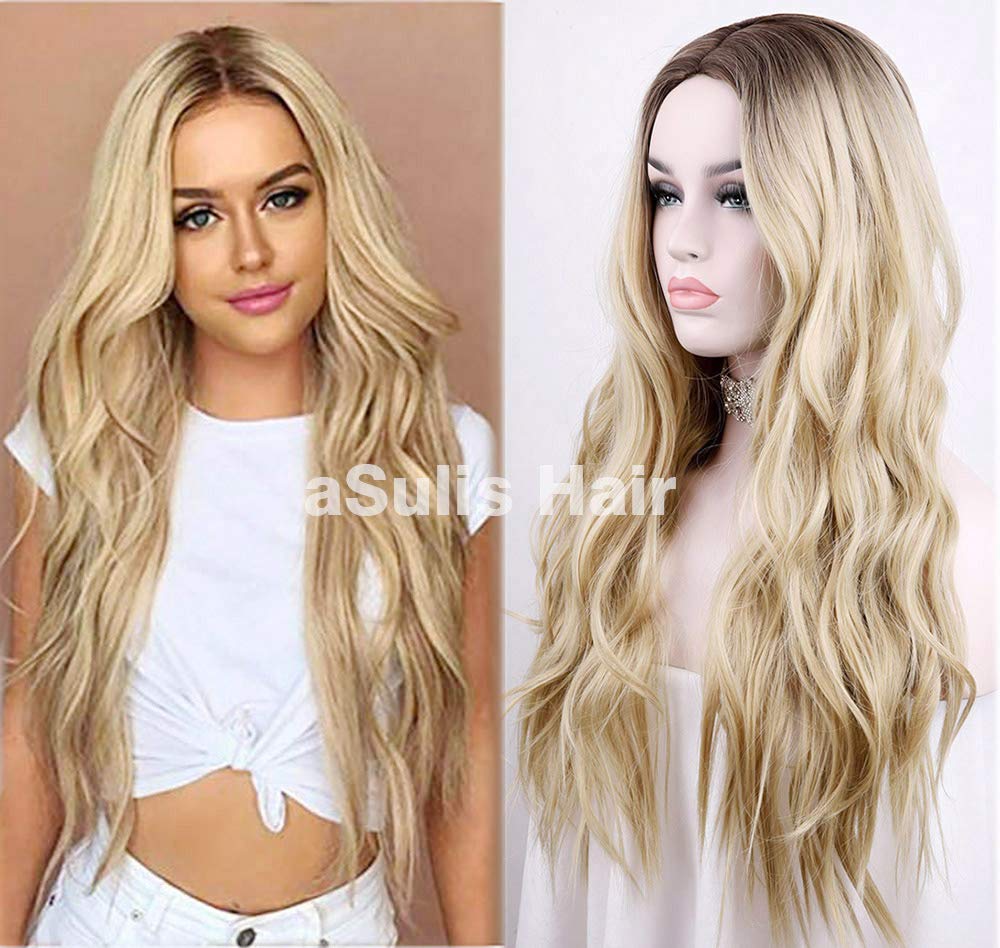 Price:$17.99     aSulis Natural Long Wavy Wig Dark Roots Ombre Blonde Wig Middle Parting Synthetic Replacement Wig 28" (Blonde)   Beauty