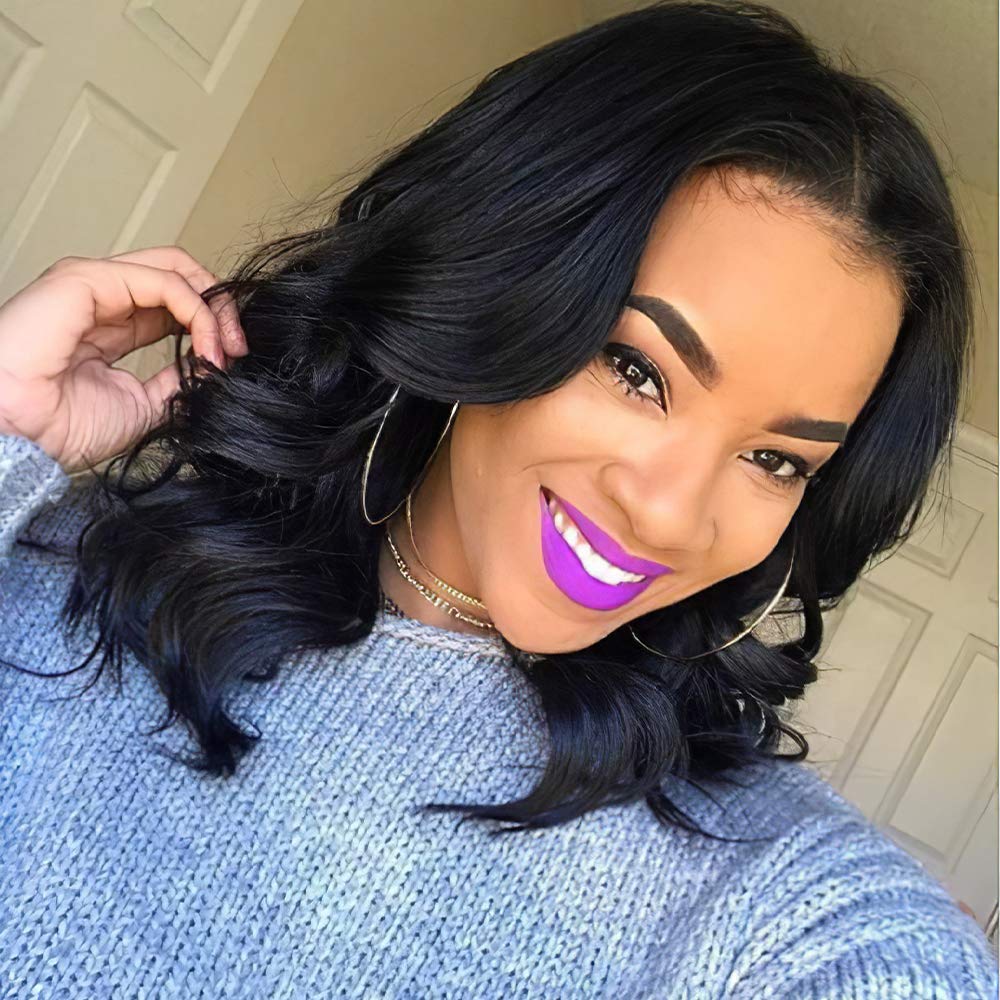 Price:$21.99     Vigorous Short Body Wave Wigs for Black Women Middle Part Black Wave Wig Synthetic Wig Natural Hairline for Daily Use 14 Inches (1B)   Beauty