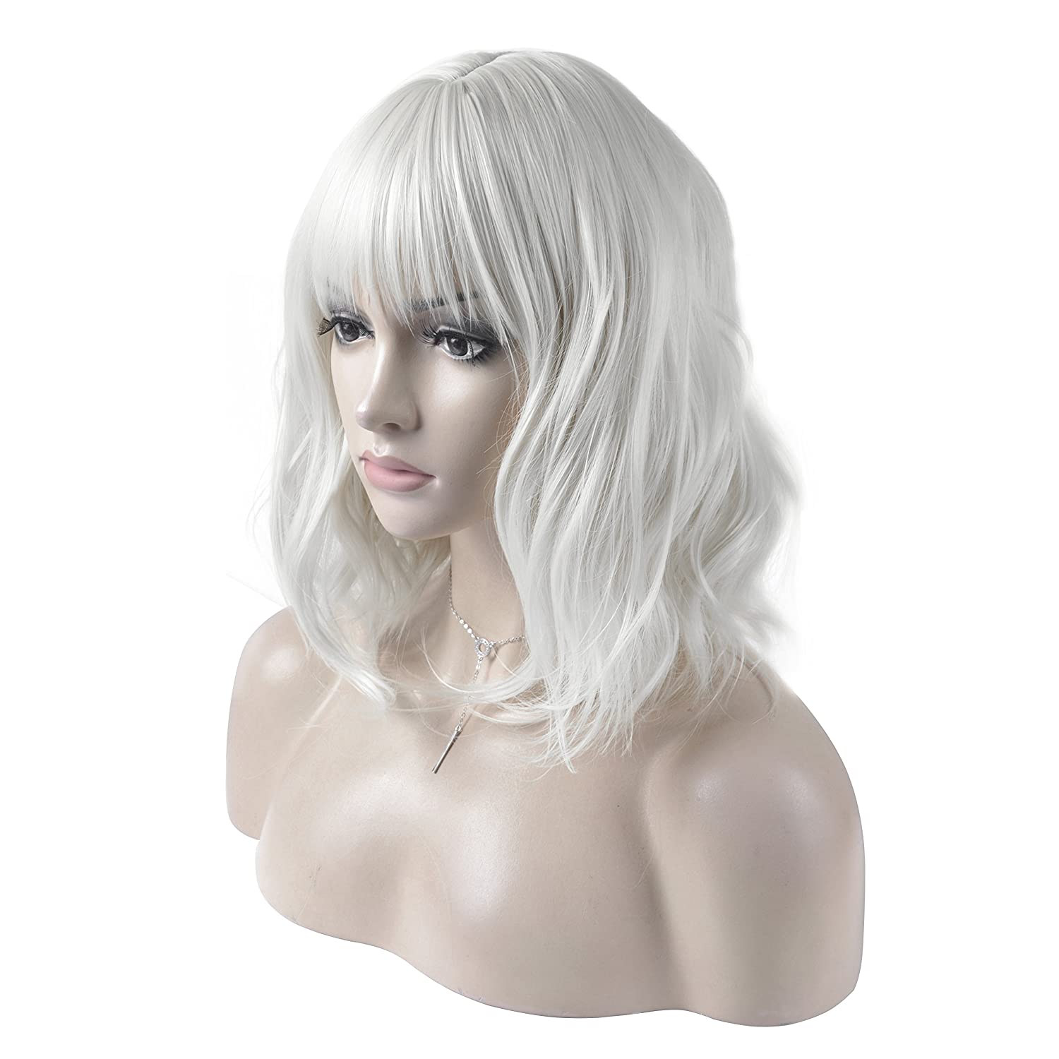 Price:$16.99     DAOTS 14 Inches Curly Wigs with Bangs for Women Girls Heat Resistant Synthetic Hair Wig (Silver White)   Beauty