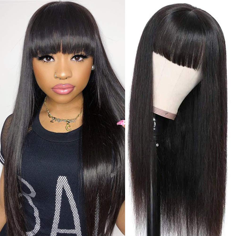 Price:$45.99     Larhali Straight Human Hair Wigs with Bangs for Black Women 150% Density Brazilian Straight None Lace Front Wgis with Bangs Glueless Machine Made Wigs Natural Black (14, Straight Wigs)   Beauty