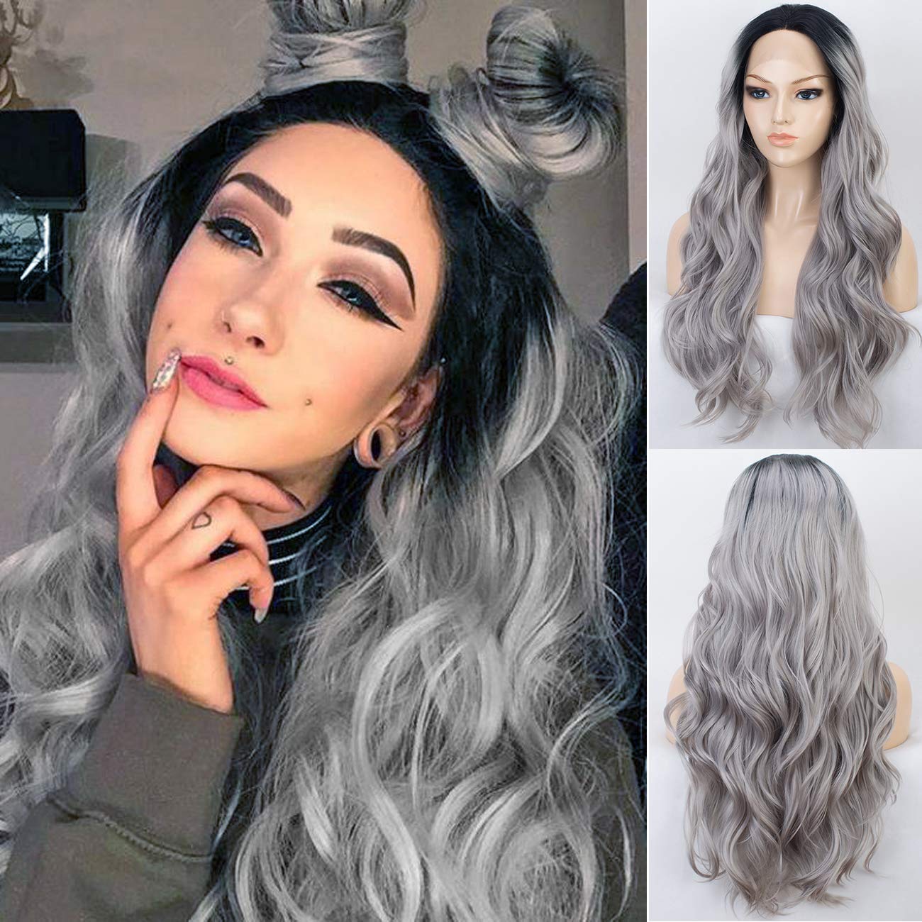 Price:$40.99    K'ryssma Ombre Grey Lace Front Wig with Black Roots L Part Long Wavy Synthetic Wigs for Women Middle Part Silver Gray Heat Resistant Synthetic Lace Wigs 20 inches  Beauty
