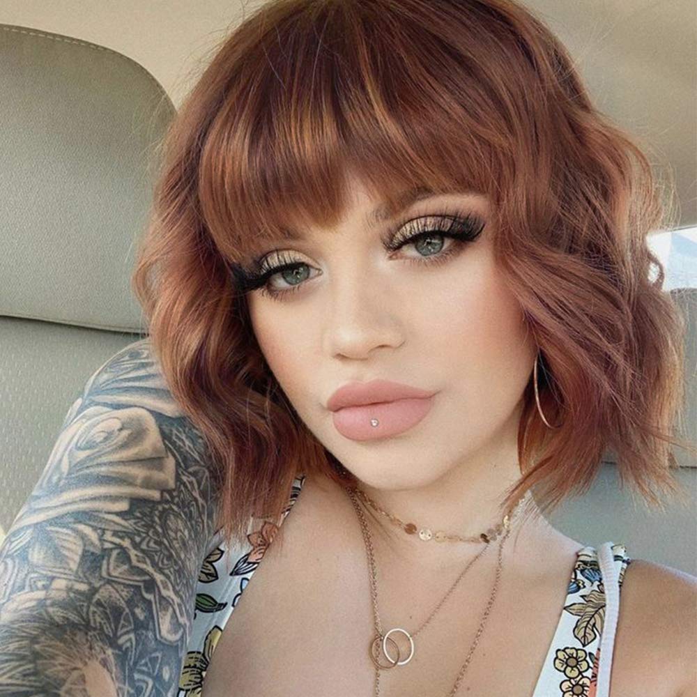 Price:$17.99     ENTRANCED STYLES Synthetic Curly Bob Wig with Bangs Short Bob Wavy Hair Wig Shoulder Length Wigs for Women Bob Style Synthetic Heat Resistant Wigs   Beauty