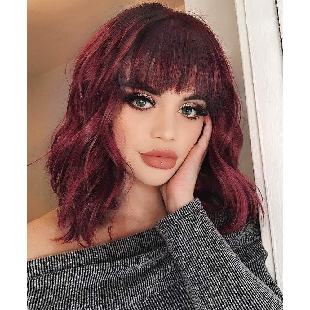 Price:$21.99     AISI HAIR Synthetic Curly Bob Wig with Bangs Short Bob Wavy Hair Wig Wine Red Color Shoulder Length Wigs for Women Bob Style Synthetic Heat Resistant Bob Wigs   Beauty