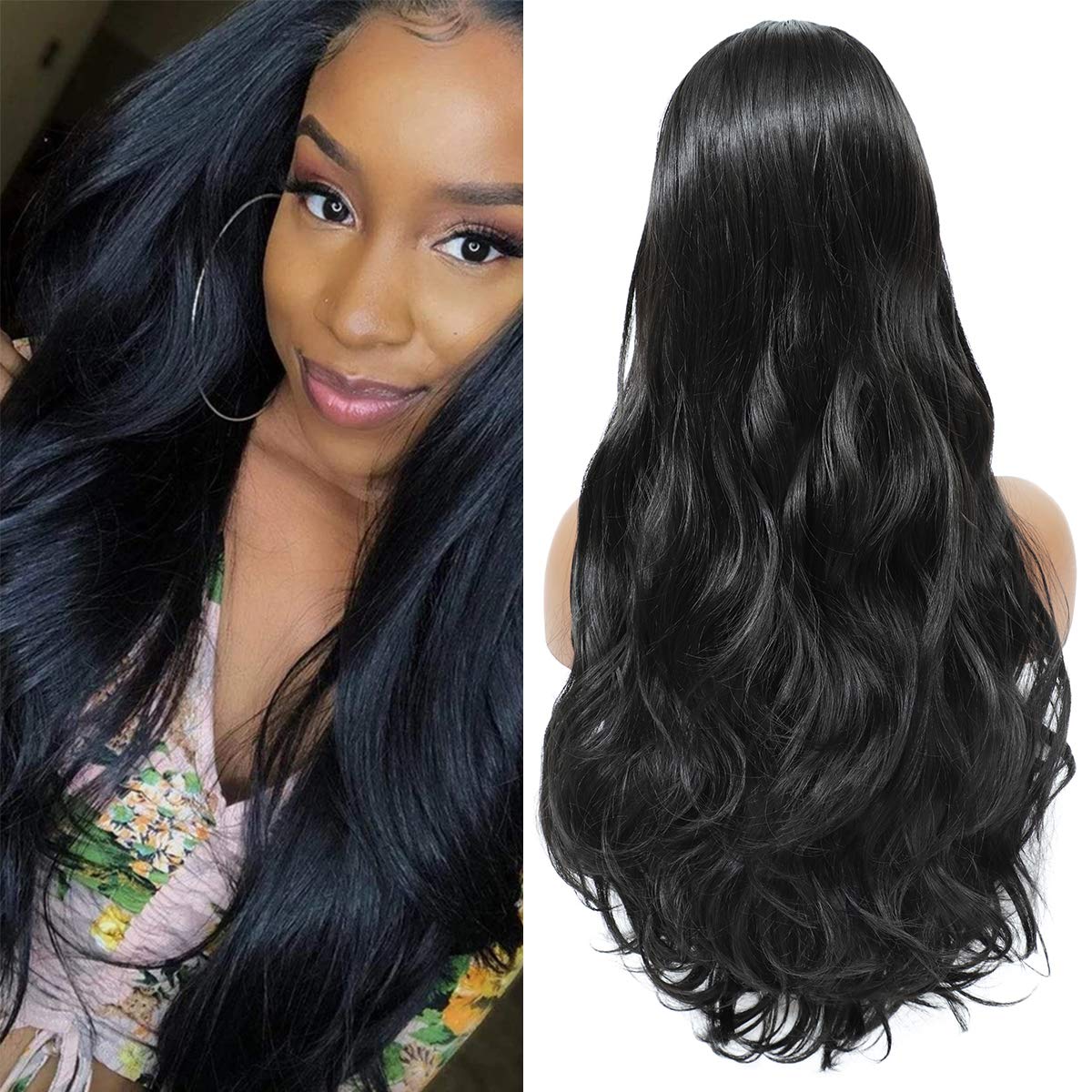 Price:$18.99     PALAK Long Wavy Wig Natural Black Color Middle Part Heat Resistant Long Curly Synthetic Daily Party Wig for Women 26 Inch   Beauty