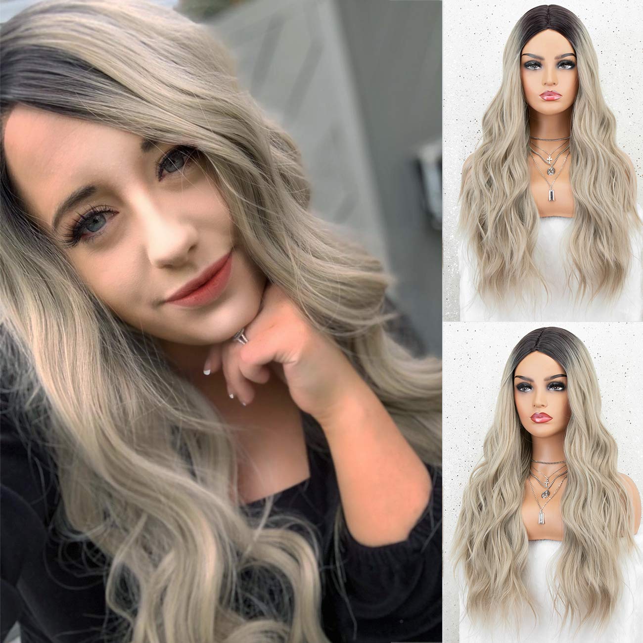 Price:$19.99     K'ryssma Ash Blonde Wig Dark Roots Ombre Synthetic Wigs for Women Long Wavy Ombre Blonde Wig with Middle Part 22 Inches   Beauty