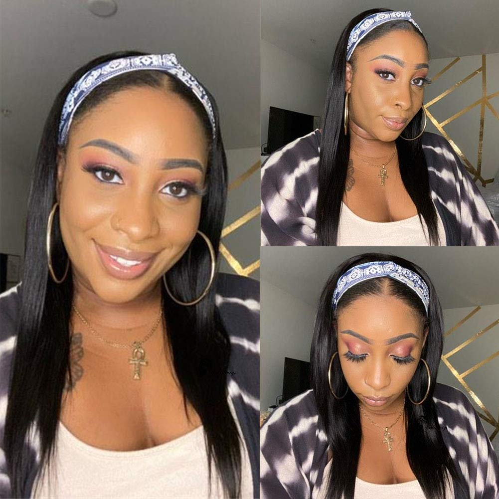 Price:$86.00     Straight Human Hair Wigs Glueless None Lace Front Wigs Brizilian Virgin Hair Machine Made Headband Wig for Black Women 150% Density 16 Inch   Beauty