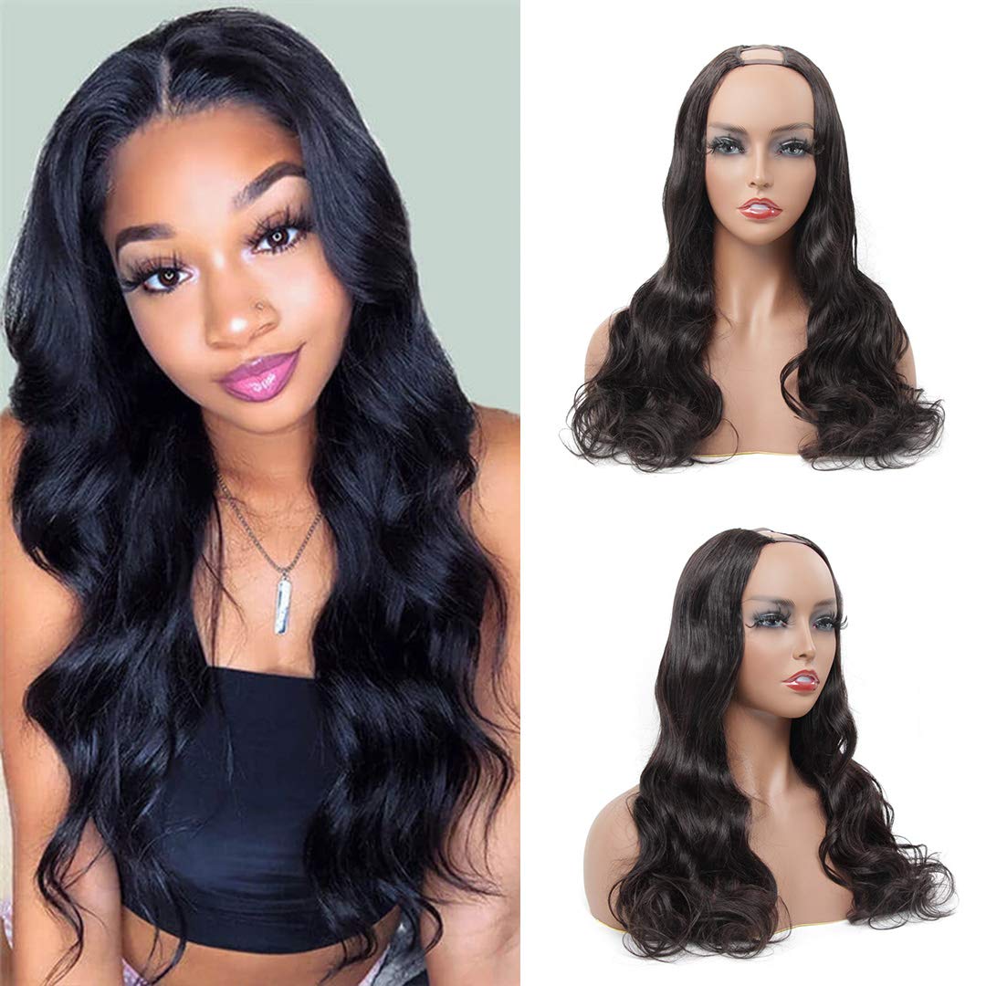 Price:$66.68     BLY U Part Wigs Human Hair 16 Inch Natural Body Wave Virgin Hair Wigs 2"x4" Middle Part Clip In Hair Extensions Glueless Half Wigs for Black Women 150% Density Natural Color   Beauty