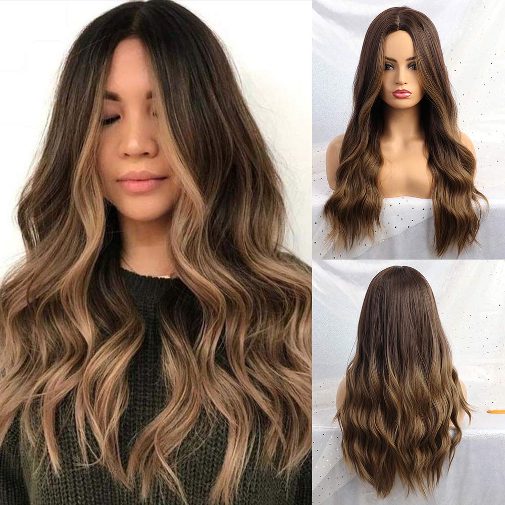 Price:$19.99     24 Inches Ombre Brown Wig Synthetic Long Wigs for Women Natural Wave Hair Wigs Middle Part Heat Resistant Natural Looking Wigs   Beauty