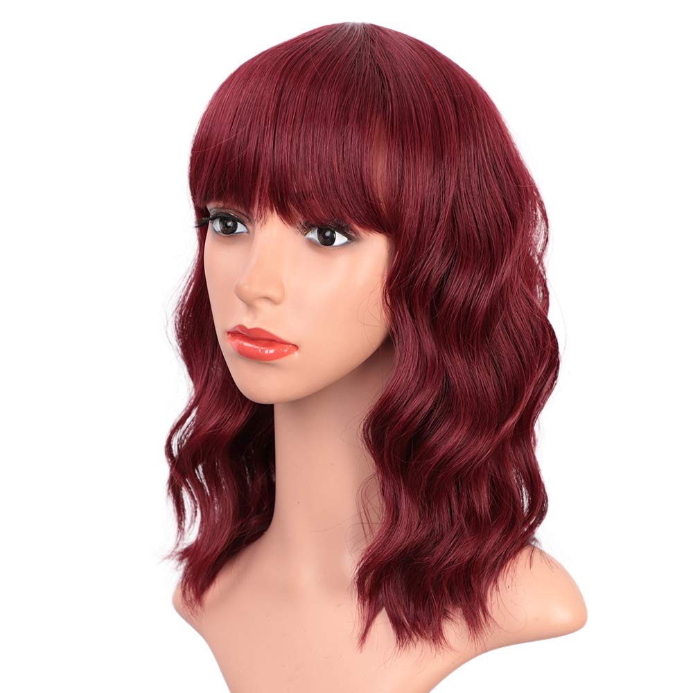 Price:$18.99    ENTRANCED STYLES Wine Red Wigs with Bangs for Women Synthetic Short Wavy Bob Wigs Wine Red Color 14 Inches Curly Wig Natural Looking  Beauty