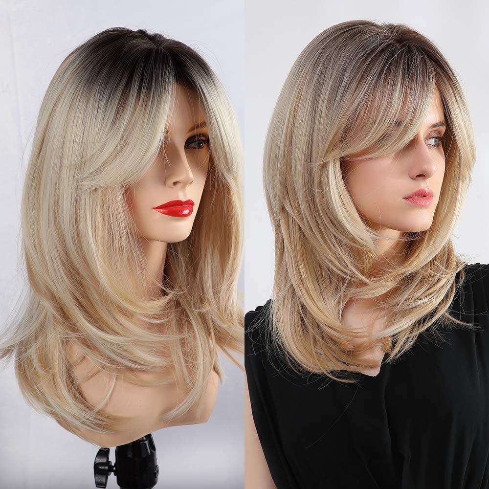 Price:$16.99     Ombre Blonde Wig with Bangs Synthetic Long Wavy Wigs for Women Brown Roots Blonde Hair synthetic wig heat resistant wigs Natural Look Realistic Wig   Beauty