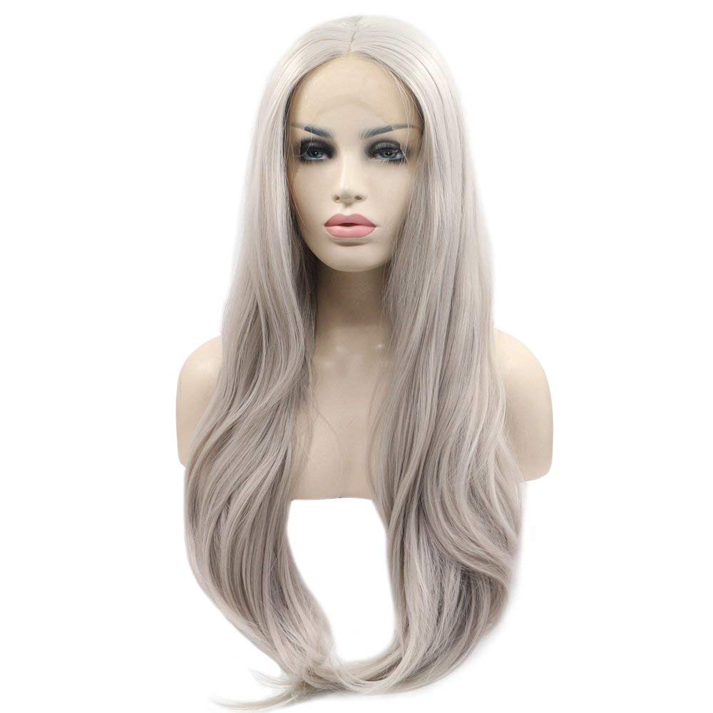 Price:$39.99     eNilecor Silver Platinum Blonde Lace Front Wig Long Natural Wavy Middle Part Synthetic Replacement Hair Grey Wigs Soft Heat Resistant Ash Wigs for Women 24"   Beauty