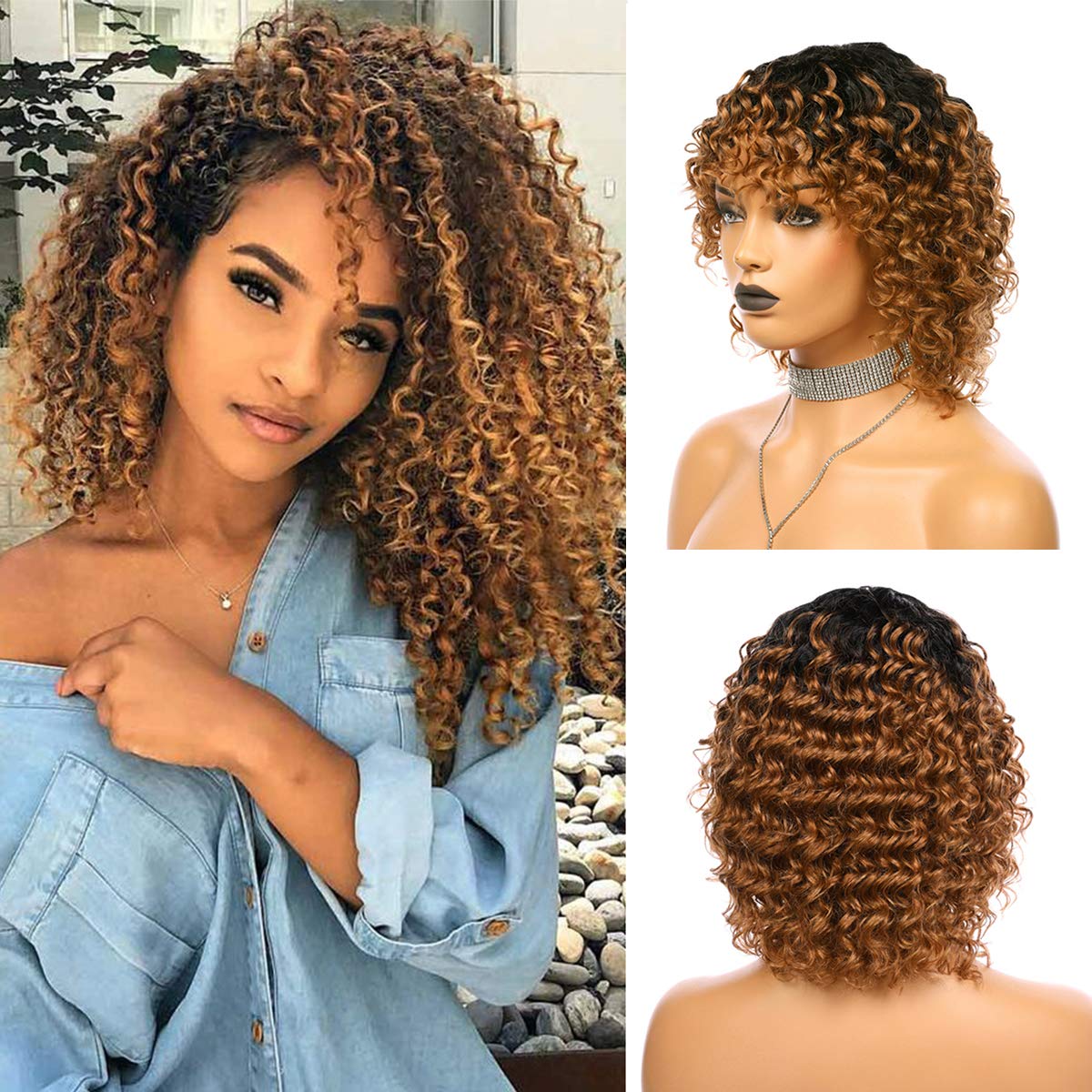 Price:$0.00     Full Blonde Human Hair Wigs Short Curly Bob Non Lace Front Wig Ombre 1B/30 Colored Wig with Black Roots for Women 12" Thick 150% Density   Beauty