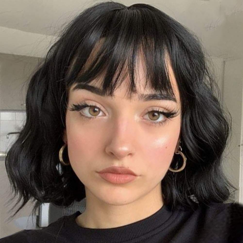Price:$17.99     MISSQUEEN Black Short Wavy Bob Wigs with Bangs Synthetic Wave Bob Wig Natural Looking Heat Resistant Fiber Wigs for Women   Beauty
