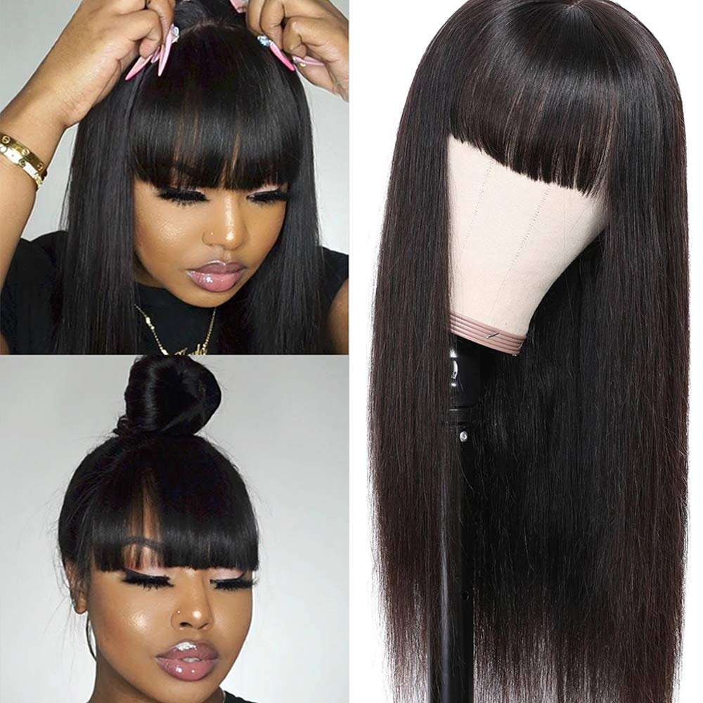 Price:$53.99     Liwihas Silky Brazilian Virgin Straight Human Hair Wigs with Bangs 130% Density None Lace Front Wigs Glueless Machine Made Wigs for Black Women Natural Color (16inch, Straight Wigs)   Beauty