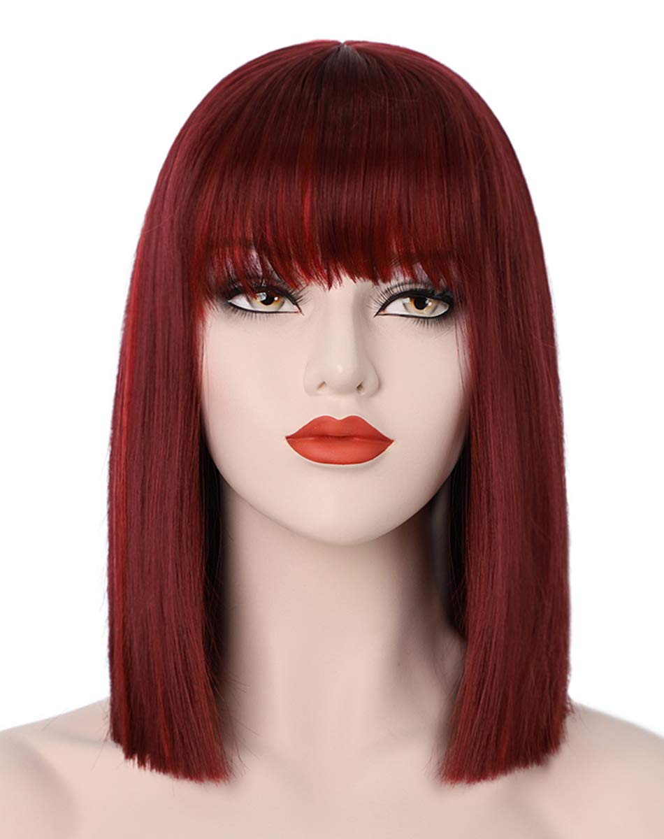 Price:$17.68     Wine Red Bob Wigs for Women 13'' Short Burgundy Hair Wig with Bangs Natural Fashion Cute Heat Resistant Synthetic Wigs for Daily Party Cosplay Halloween AD016BU   Beauty