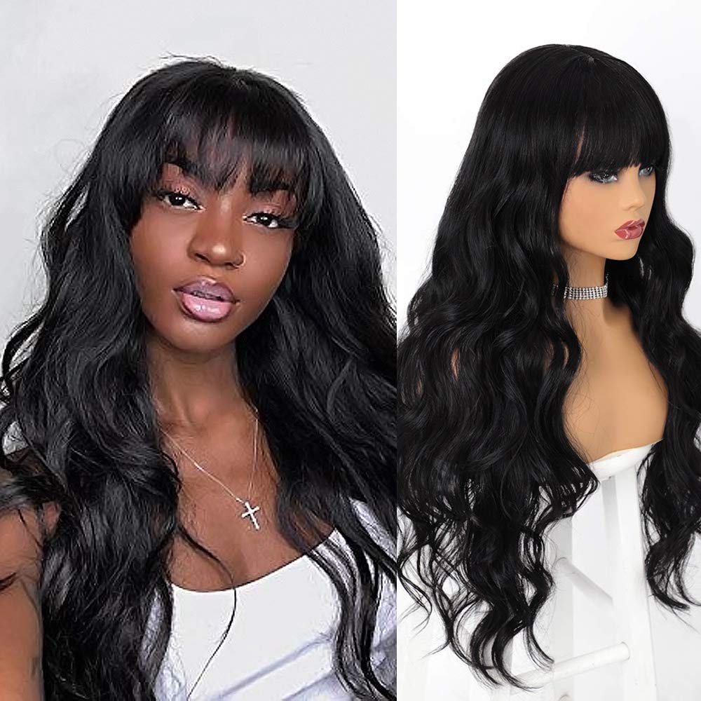 Price:$17.99     Nnzes Long Wavy Wig With Bangs 28 Inches Black Color Wigs for Women Silky Full Heat Resistant Synthetic Hair for Daily Wear   Beauty