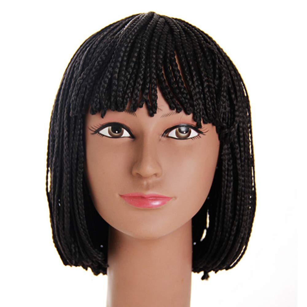 Price:$29.99     QsuF Hair Hand Braided Wig Short Braided Wig For Women Synthetic Fiber Wig With Bang Twist Box Braided Wigs (Black)   Beauty