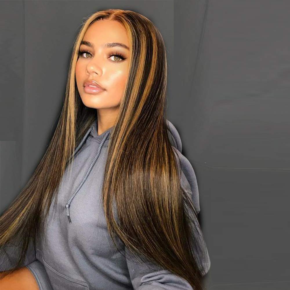 Price:$16.99     AISI QUEENS Long Straight Highlights Wig 24 Inch Synthetic Wigs for Women Middle Part Ombre Blonde Highlights Hair Wigs Natural Looking Heat Resistant Fiber Daily Cosplay Party   Beauty