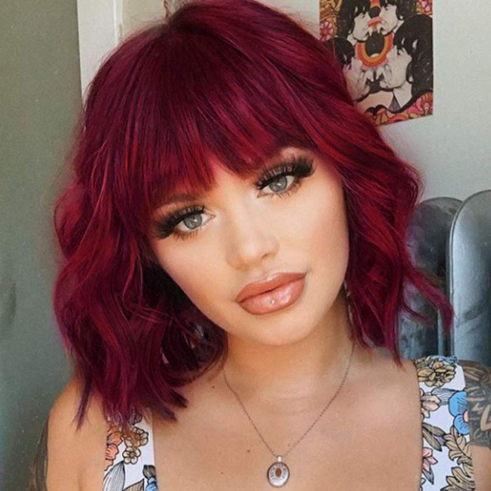 Price:$17.99     AISI HAIR Red Short Curly Bob Wigs with Bangs Burgundy Wine Red Synthetic Wave Bob Wig Shoulder Length Natural Looking Heat Resistant Fiber Hair Wigs for Women (Wine red)   Beauty