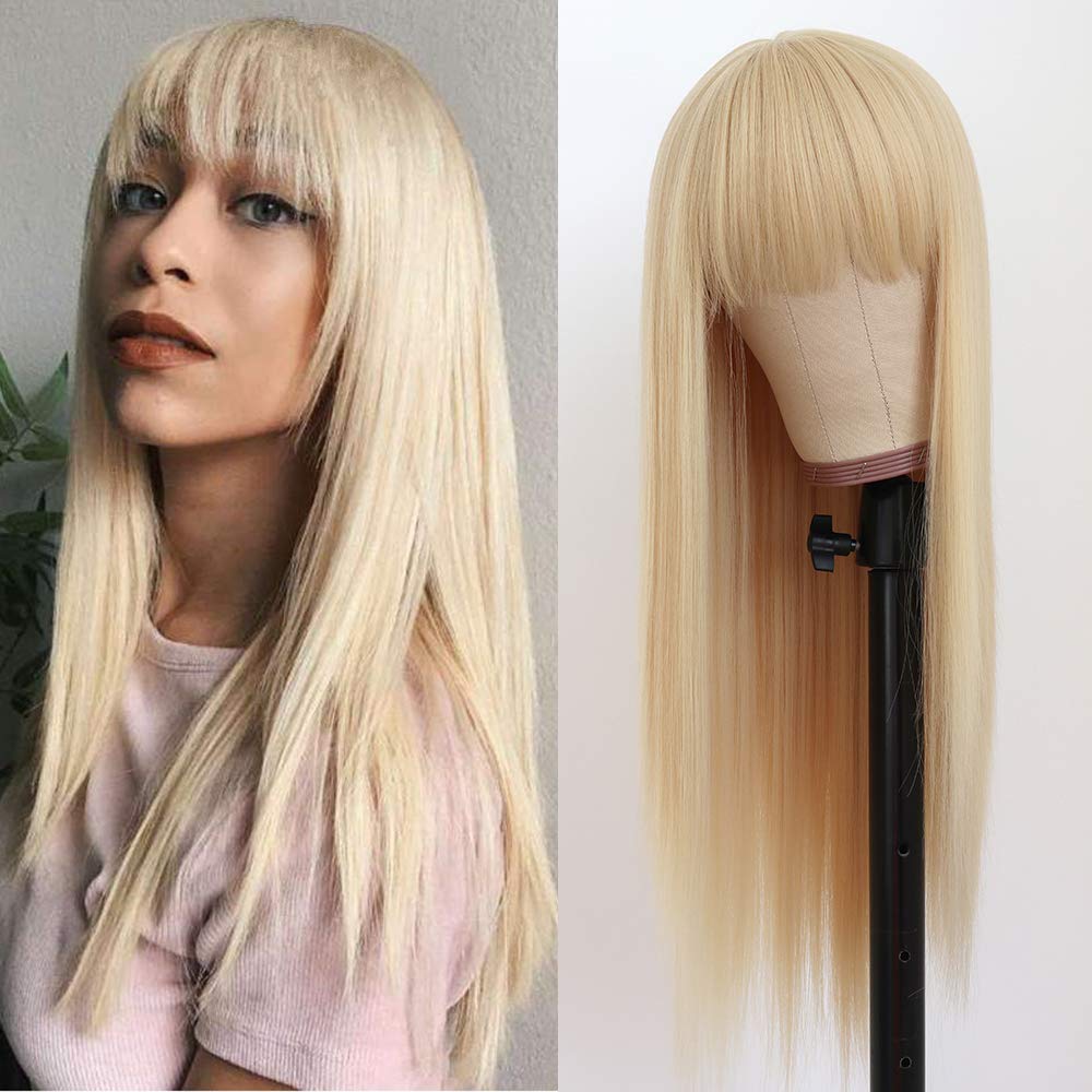Price:$19.90     TaBeWay Blonde Color Synthetc Machine Made Wigs Straight Hair with Bangs Heat Resistant Hair Cosplay Costume Wig Daily Party Full Wigs   Beauty