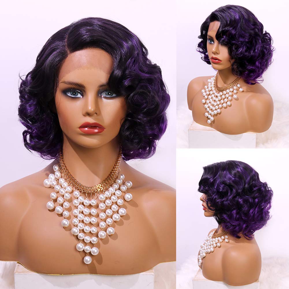 Price:$36.99     EEWIGS Long Wavy Wig Synthetic Purple Black L-Part Lace Front Wig Natural Looking Heat Resistant Fiber Hair for Women (bob)   Beauty