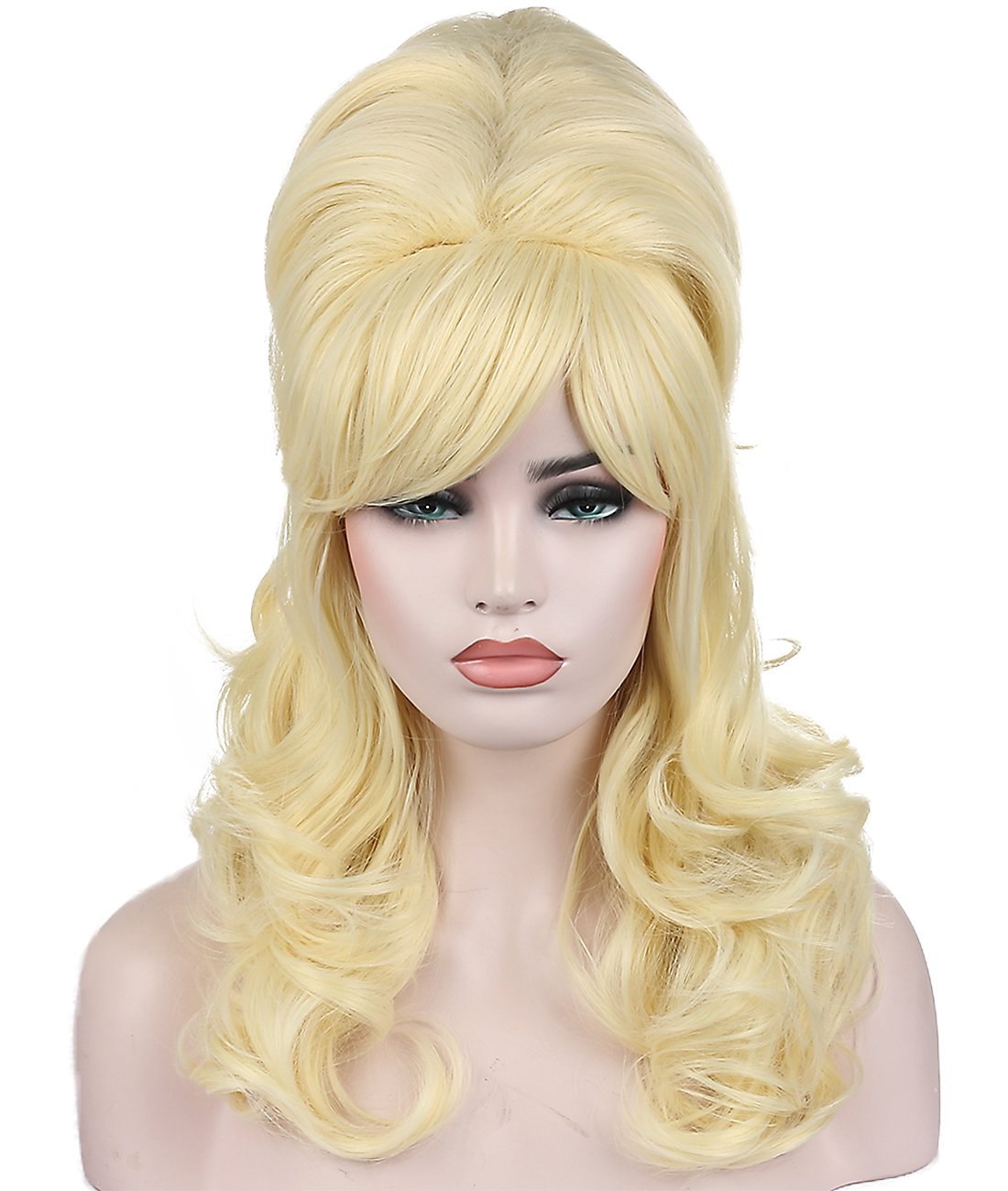Price:$35.99    Kalyss Blonde Beehive Wig Women’s Curly Wavy Long Heat Resistant Synthetic Hair Cosplay Costume Wigs (Blonde)  Beauty