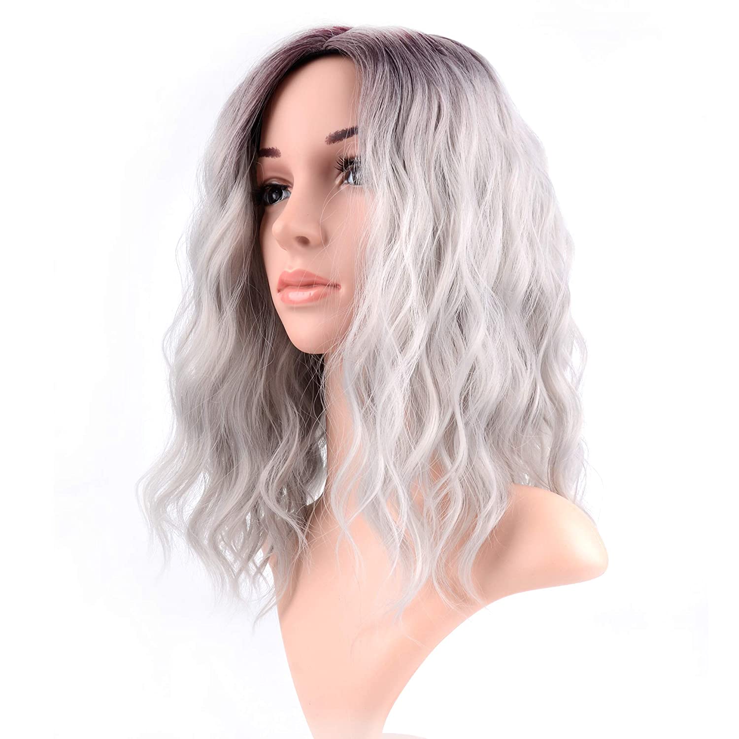 Price:$20.69    FAELBATY 14 Inch Curly Grey Wig Short bob Wigs Shoulder Length side part Women's Short Wig ombre color Synthetic Cosplay Wig for Girl Halloween Costume Wigs Ombre Purple Grey Color  Beauty