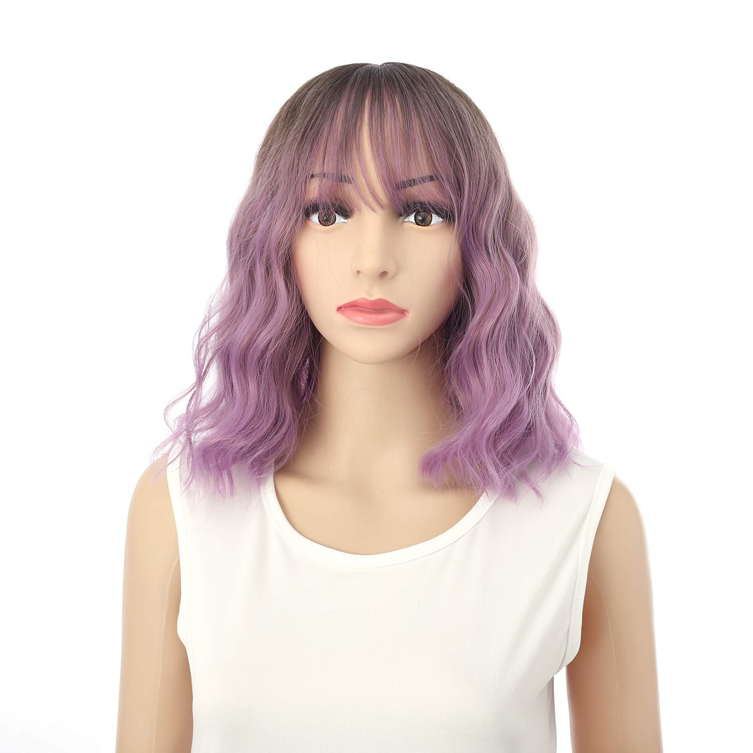 Price:$20.99    FAELBATY Short Curly Wave Wig With Bangs Wavy Synthetic Cosplay Bob Wig loose wave for women Costume Wigs Ombre Black brown to purple Color  Beauty