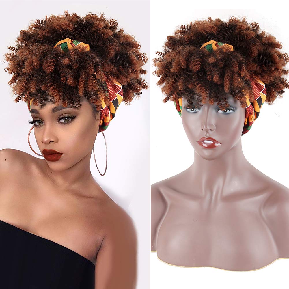 Price:$25.89     Aisaide Short Curly Wigs Afro Kinky Curly Wigs For Black Women Brown Curly Headband Wig with Bangs Synthetic Curly Hair Wigs with Head Wrap 2 in 1 for Women Heat Resistant Curly Full Wig With Wig Cap   Beauty