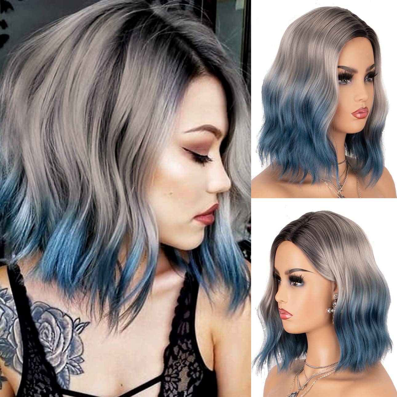 Price:$19.99     K'ryssma Blue Ombre Wig Bob with Dark Roots 3 Tones Short Wavy Synthetic Wigs Glueless Heat Resistant Hair   Beauty