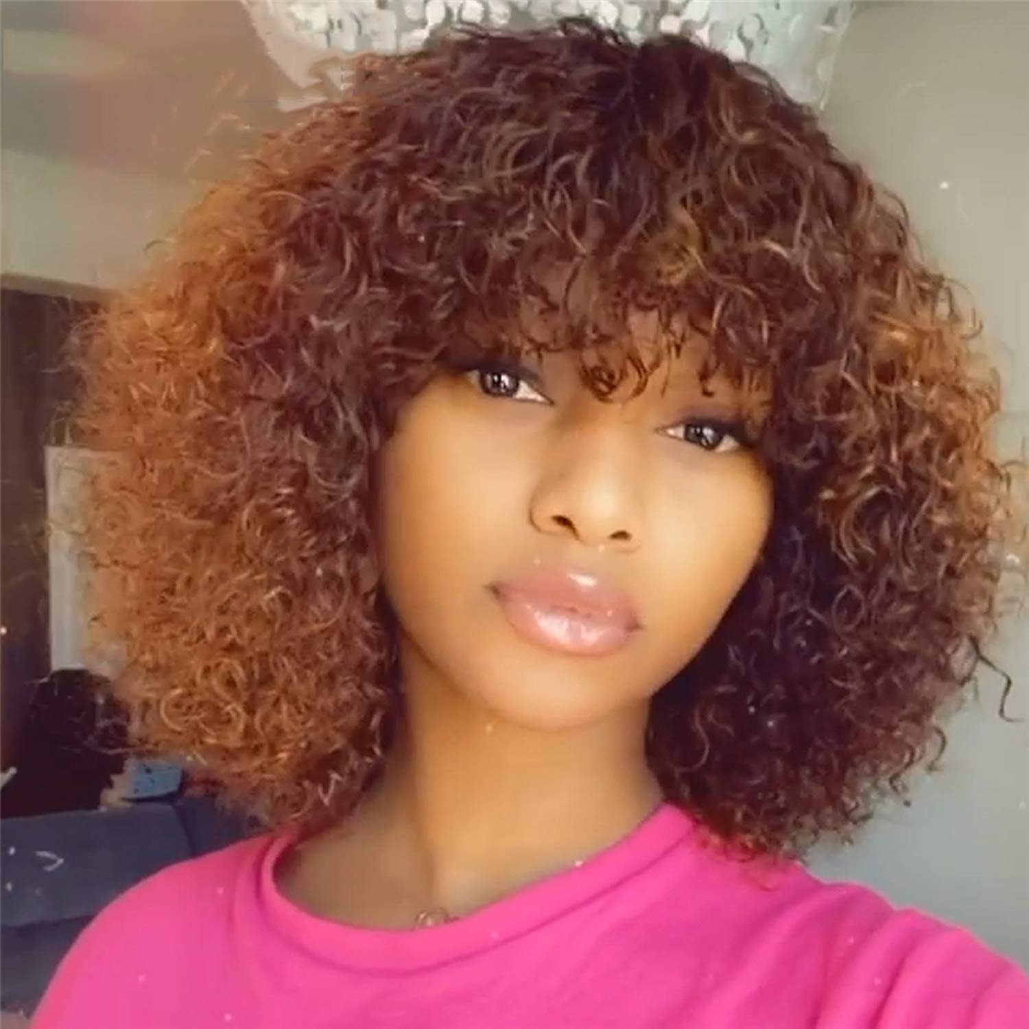 Price:$33.99     Blonde Human Hair Wigs Short Curly Bob Wig with Bangs Ombre 1B/30 Colored No Lace Front Wigs for Black Women Pre Plucked Dark Roots to Medium Auburn Wave kinky Curly Wig 12” Full Thick 150% Density   Beauty