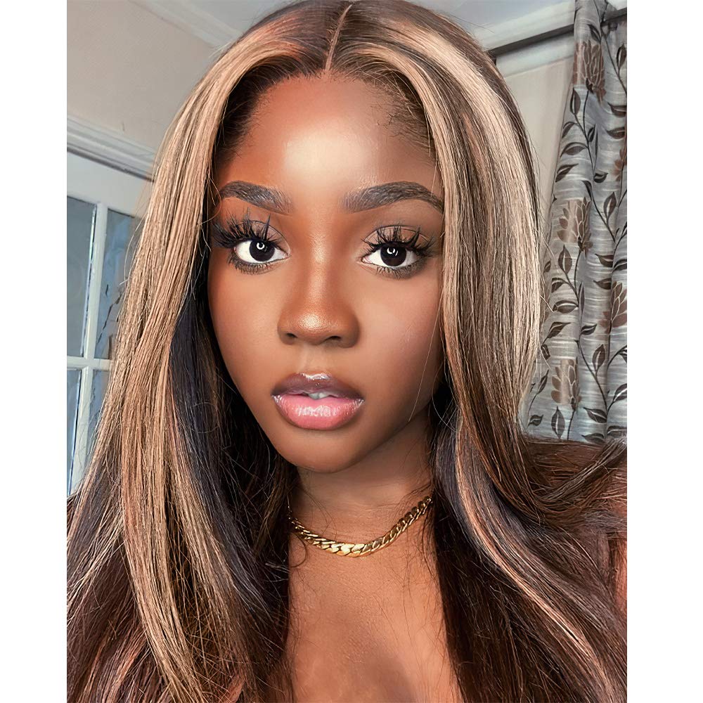 Price:$25.99     Vigorous Straight Highlights wigs for Women Brown Mix Blonde Color Layered Middle part synthetic hair wig Heat Resistant Fiber Middle Length Wig 18 Inches for Daily Use.(Layered brown Mix Blonde)   Beauty
