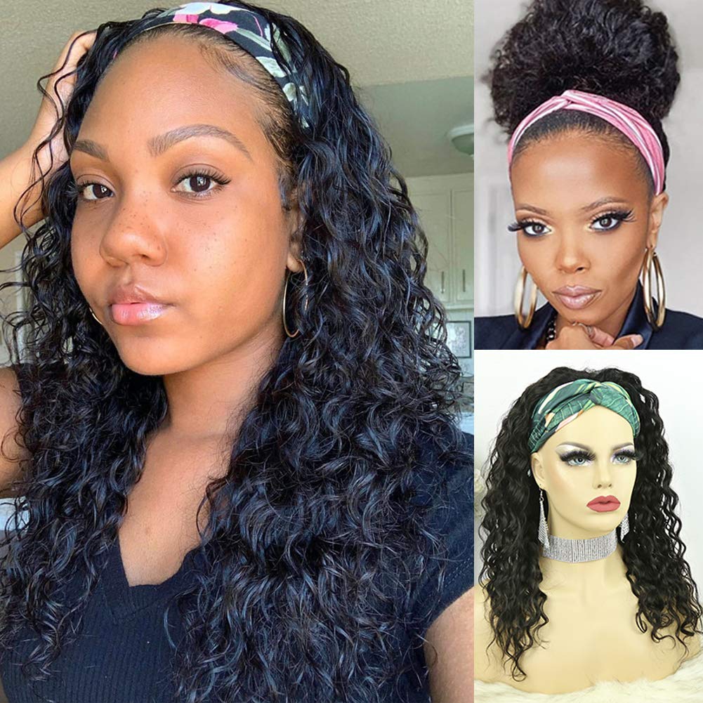 Price:$102.99     Headband Wig for Blace women Deep Curly Human Hair Wigs Glueless None Lace Front Headband Wigs 150% Density 20 inch   Beauty