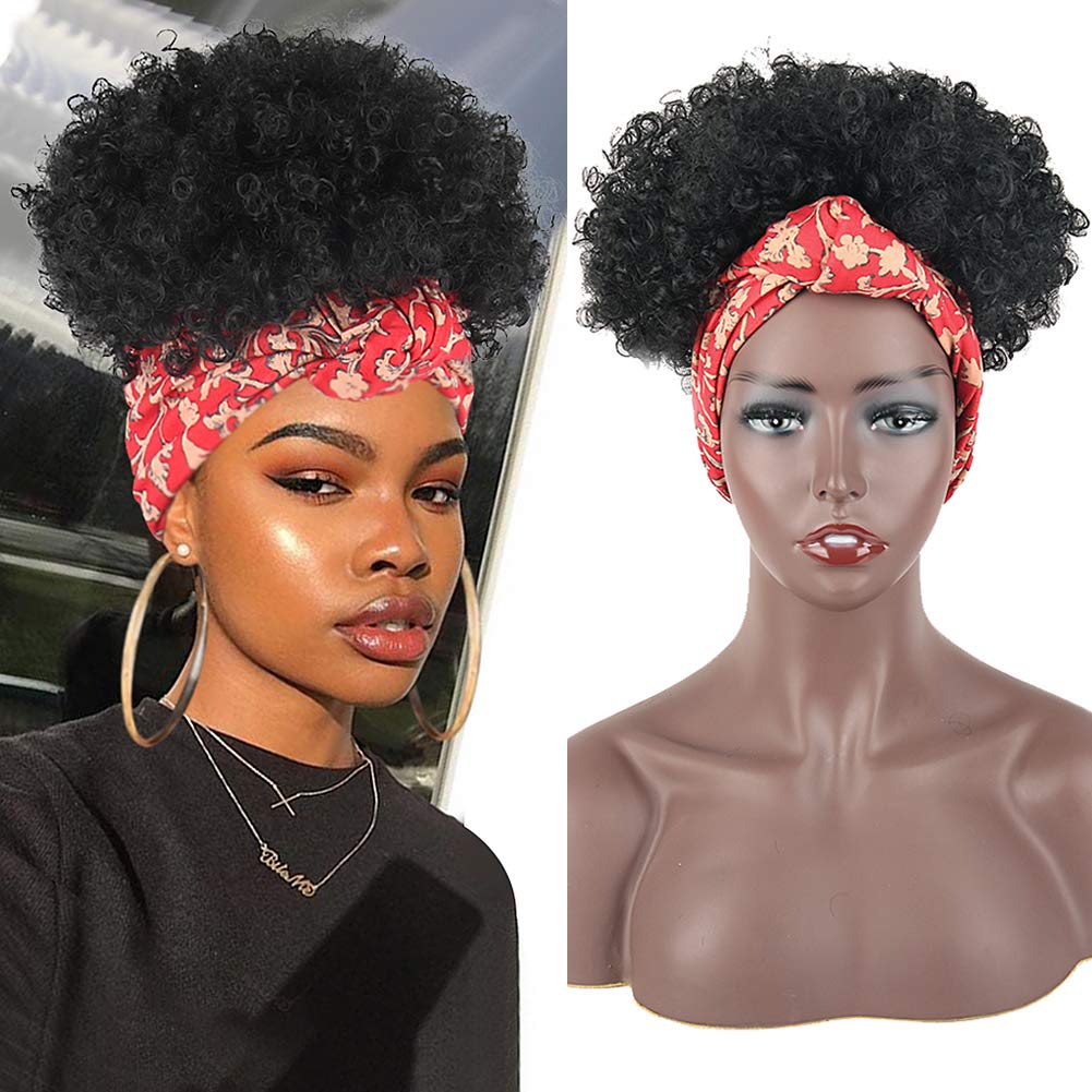 Price:$23.99     Aisaide Short Afro Kinky Curly Wigs for Black White Women Wrap Wigs 2 in 1 Afro Wigs with Headband Attached High Puff Pineapple Headwrap Wigs Headband Wigs with Red Turban Full Curly Wigs with Wig Cap   Beauty