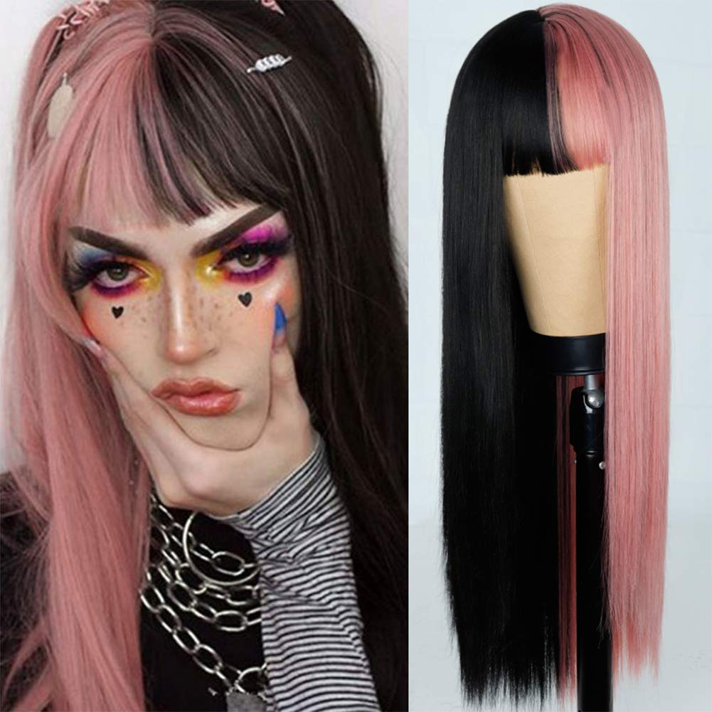 Price:$21.99     MISSQUEEN Half Black Half Pink Long Straight Fashion Halloween Party Wig For Women Girls   Beauty