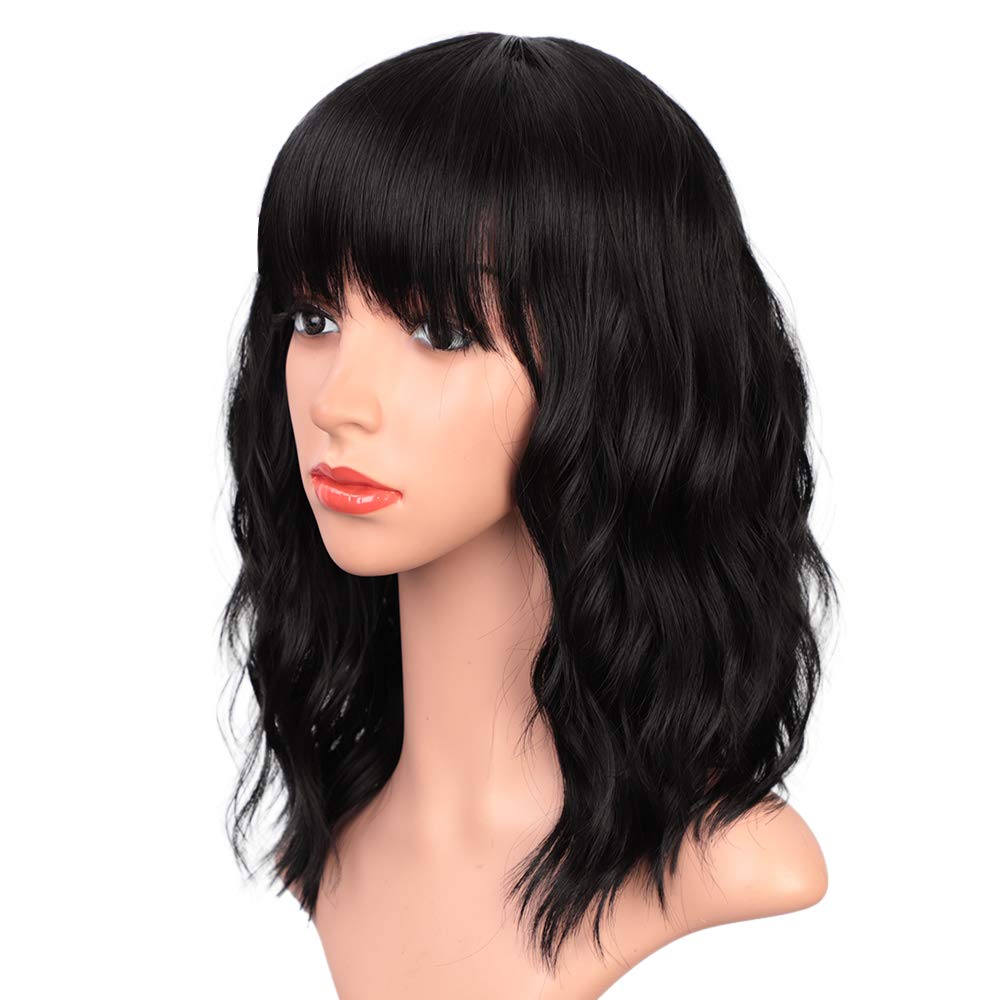 Price:$18.99    ENTRANCED STYLES Black Wigs with Bangs for Women 14 Inches Synthetic Curly Bob Wig for Girl Natural Looking Wavy Wigs  Beauty