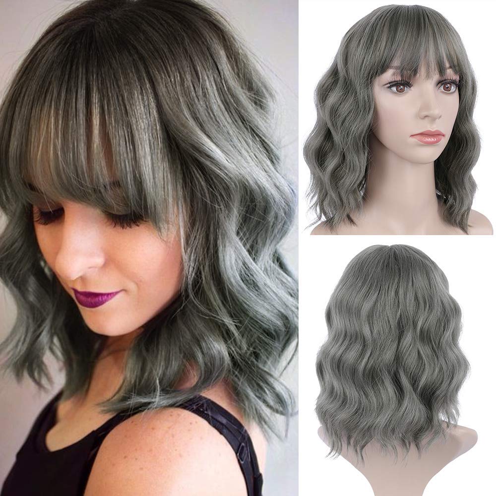 Price:$29.99    Gemilla Short Wavy Wigs With Air Bangs Shoulder Length Synthetic Cosplay Costume Wig (14 Inch, Grey)  Beauty