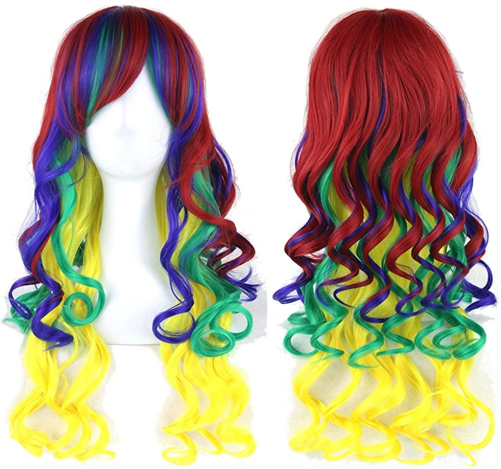 Price:$9.99    Straightened length 27.6" Wig mixed color Long Curly Wavy Hair Women and Girl Cosplay Party Costume Wig(Red, purple, green, yellow)  Beauty