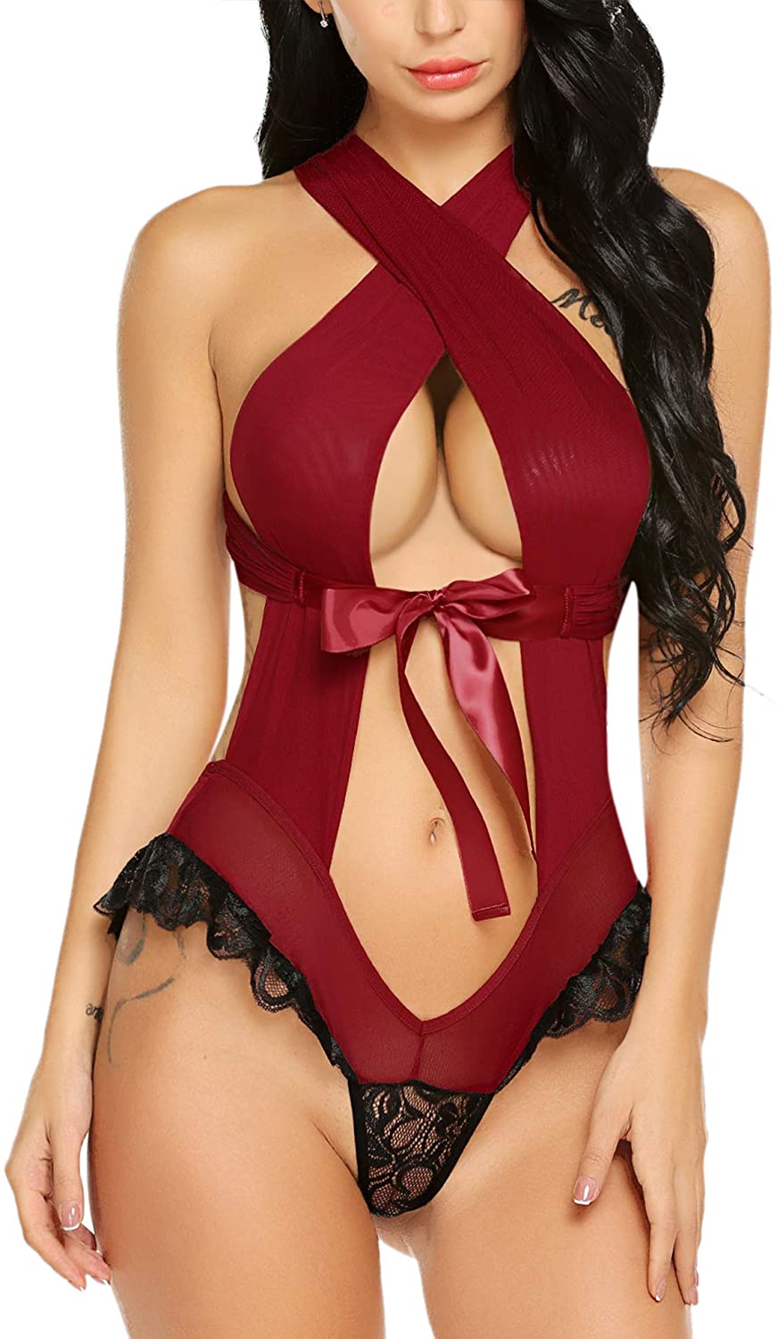 Price:$15.99 ADOME Women Lingerie Bandage Halter Teddy Cross Back Bodysuit Exotic Teddy Babydoll at Amazon Women’s Clothing store