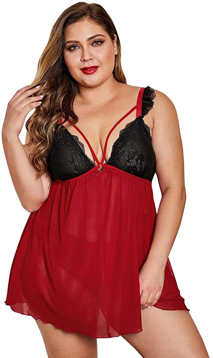Price:$16.09 Women's Plus Size Exotic Babydoll Lingerie Lace Halter See Through Chemise Set Tulle Wedding Nightie Bridal Underwear Nightdress Sleepwear Pamajas Nightgown with Sexy Briefs Red 2XL at Amazon Women’s Clothing store