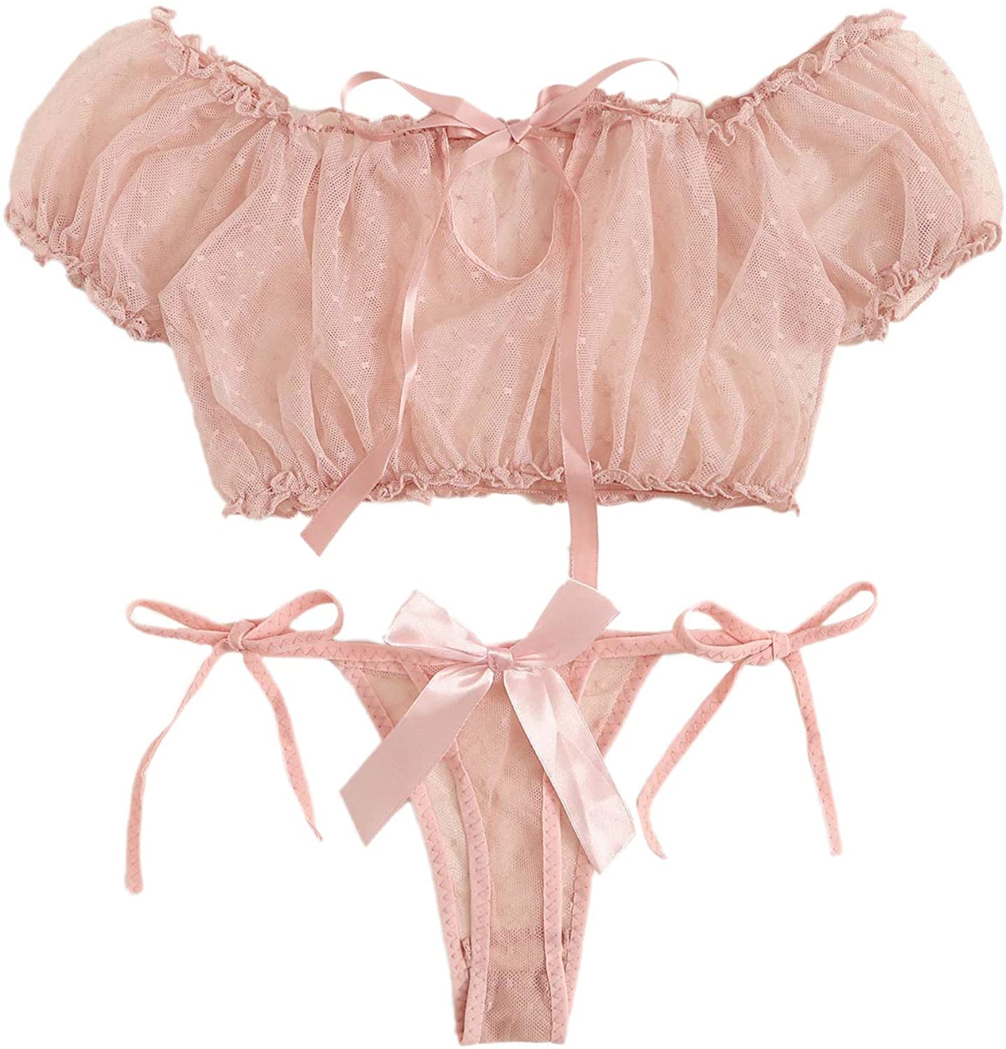 Price:$15.99 WDIRARA Women's Sexy Two Piece Self Tie Ruffle Trim Polka Dots Lingerie Set at Amazon Women’s Clothing store