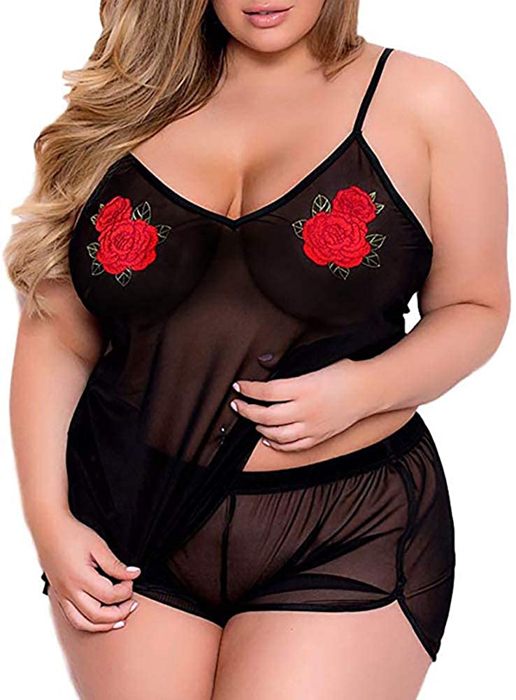 Price:$15.88    Plus Size Lingerie for Women, Sexy See Through Rose Cami Set Sheer Mesh Top Short Pajamas Sleepwear  Clothing