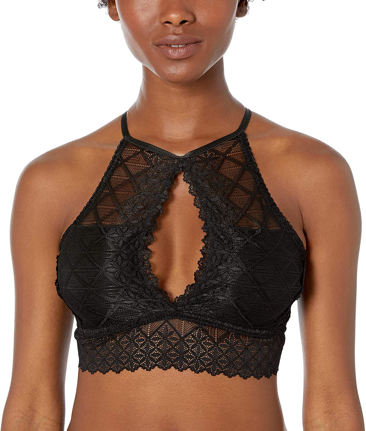 Price:$15.33 Amazon Brand - Mae Women's Hi-Neck Lace Cutout Bralette (For A-C Cups) Bra at Amazon Women’s Clothing store