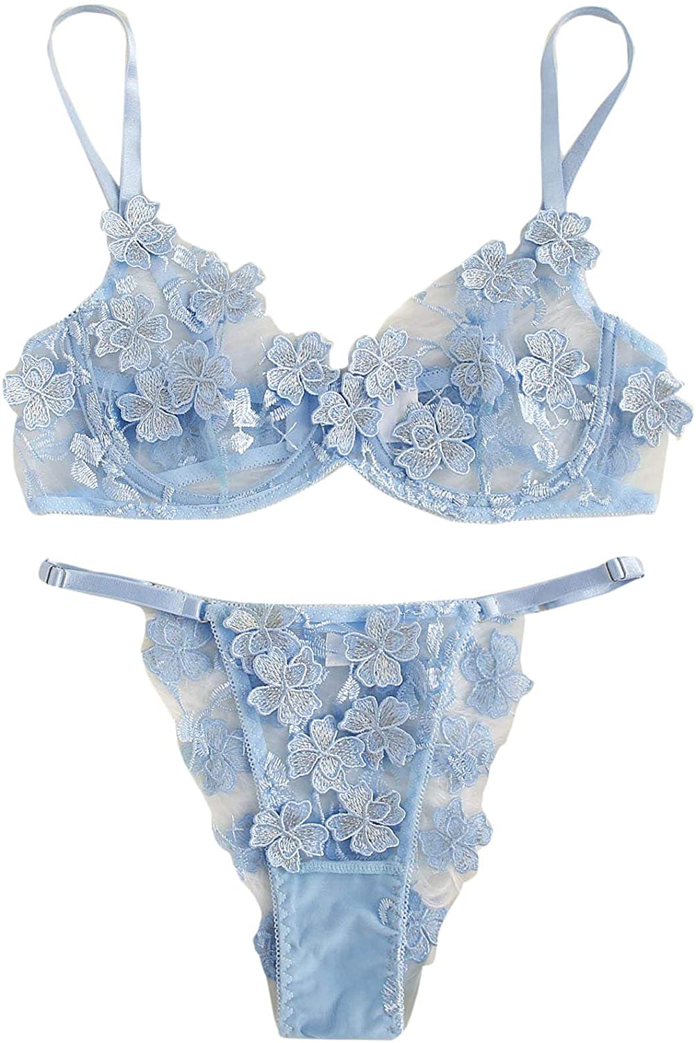 Price:$18.99    WDIRARA Women's Sexy Sheer Lace Spaghetti Strap Flower Applique Lingerie Set  Clothing