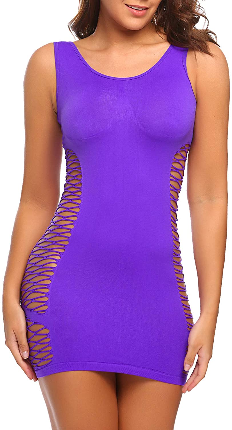 Price:$13.99 Avidlove Women's Fishnet Lingerie Mesh Chemise Babydoll Mini Dress Bodysuit Purple at Amazon Women’s Clothing store